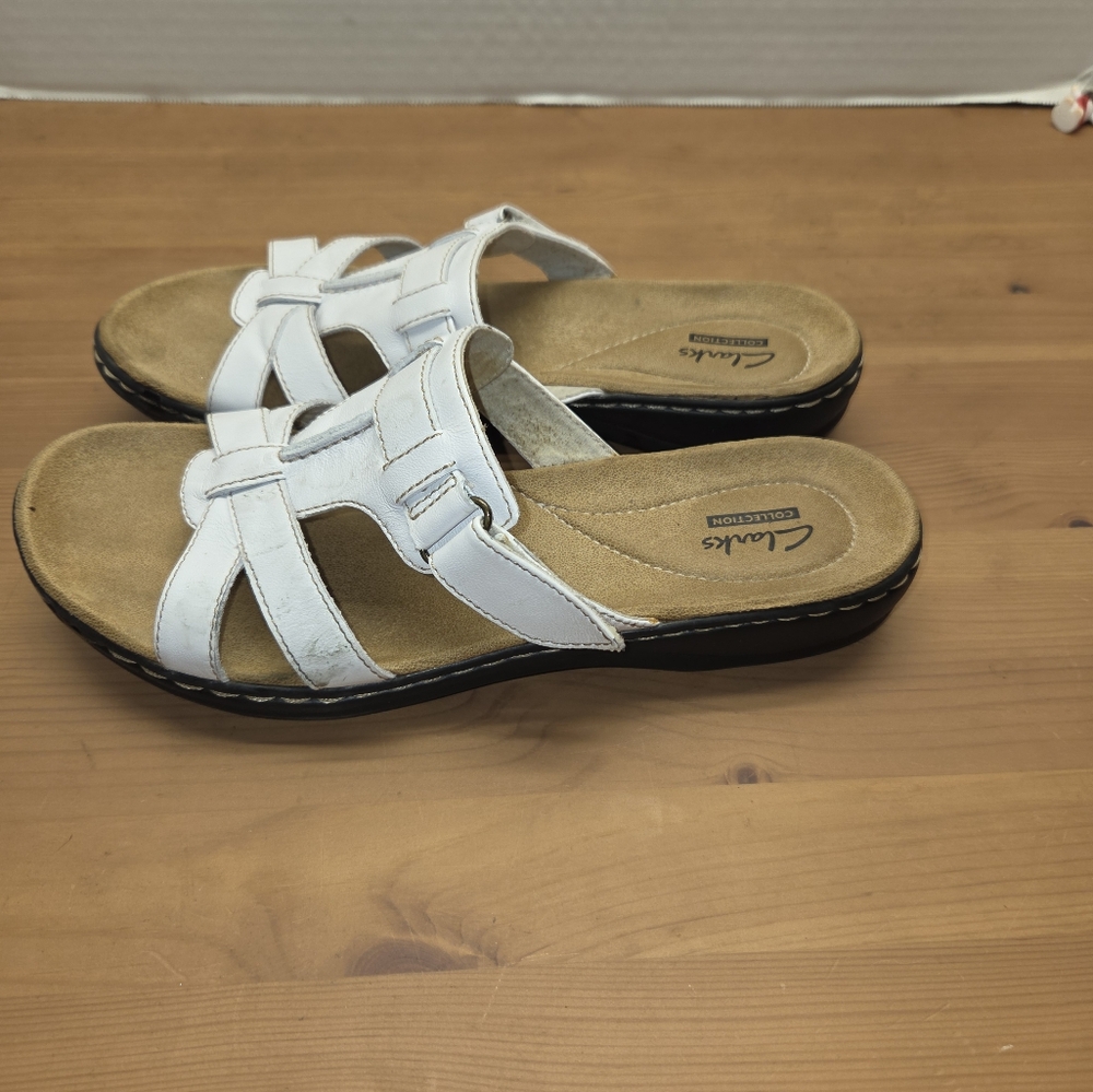 Clarks White Leather Sandals with Intersecting Straps
